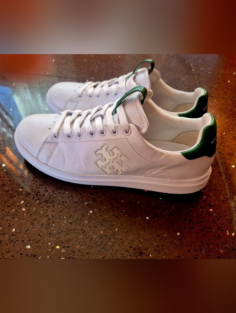 Tory Burch White Leather Low-Top Sneakers with Green Accent